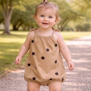Grayson Mini Tan and Black Polka Dot Baby Romper For 12 Months